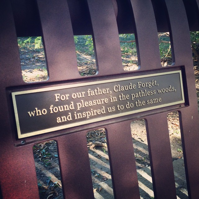 Bronze plaque on a memorial bench reading: For our father, Claude Forget, who found pleasure in the pathless woods, and inspired us to do the same.